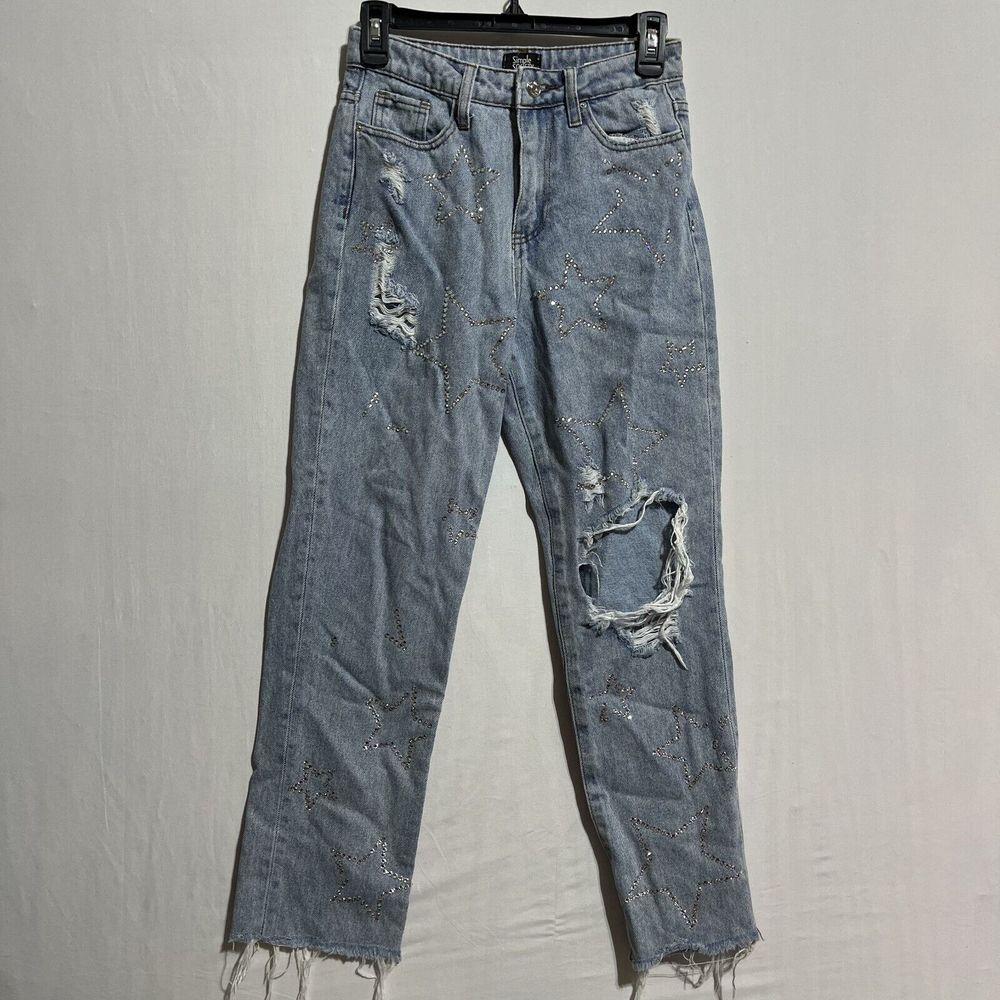 Simple Society Jeans Womens 1/25 Blue Denim Rayon Distressed Frayed Hem Straight